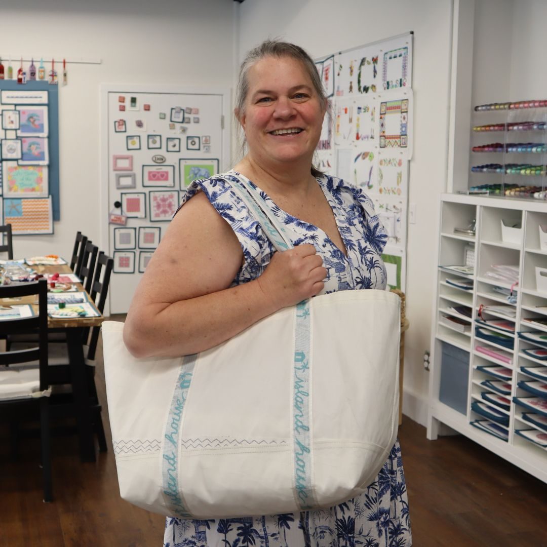 Island House reclaimed tote over shoulder